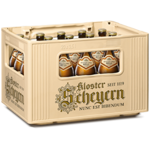 Ein cremefarbener Kasten enthält acht Flaschen eines dunklen Getränks.