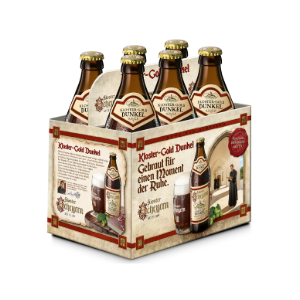 Sechs dunkle Bierflaschen in einem Träger auf einem Werbeplakat mit Texten und einem Mönch.