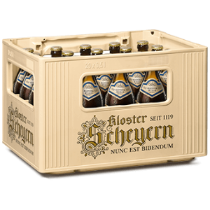 Ein Kasten mit zwölf dunklen Bierflaschen steht auf einem Tisch.